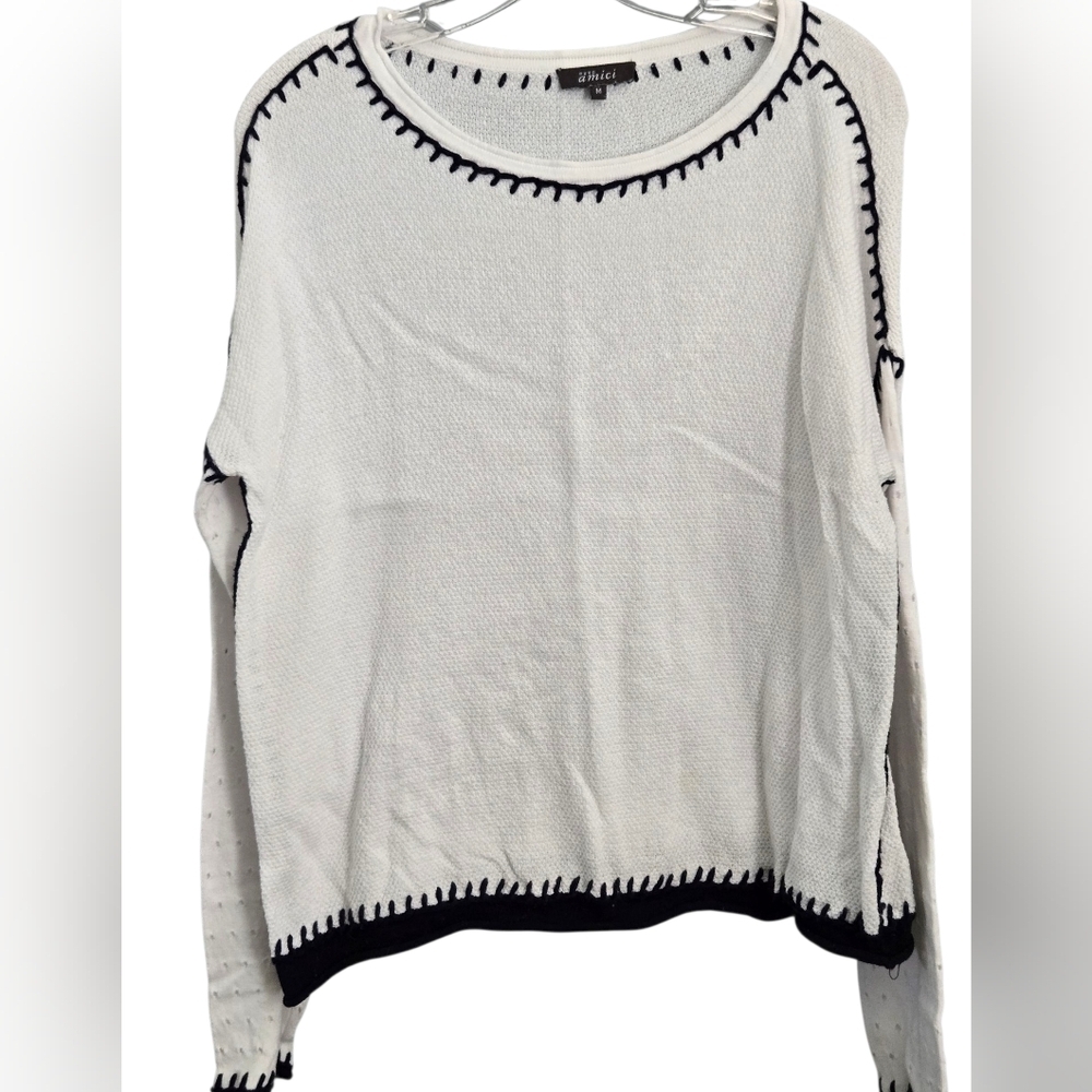 Pure Amici White and Black Crew Neck Sweater with Contrast Stitching, Medium